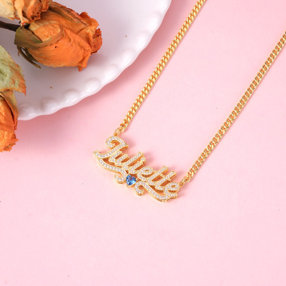 Double Layer Zircon With Birthstone Nameplated Pendant Personalized Name Necklace
