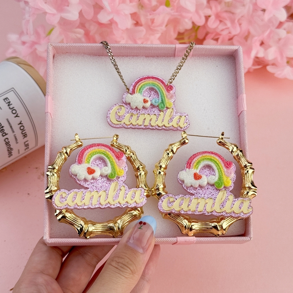 Cute Rainbow Acrylic Personalized Colorful Name Necklace and Bamboo Earrings Set
