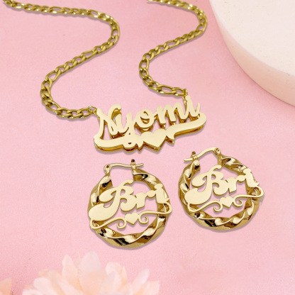 Double Plated Name Necklace Custom Name Earrings Heart Namplate Set