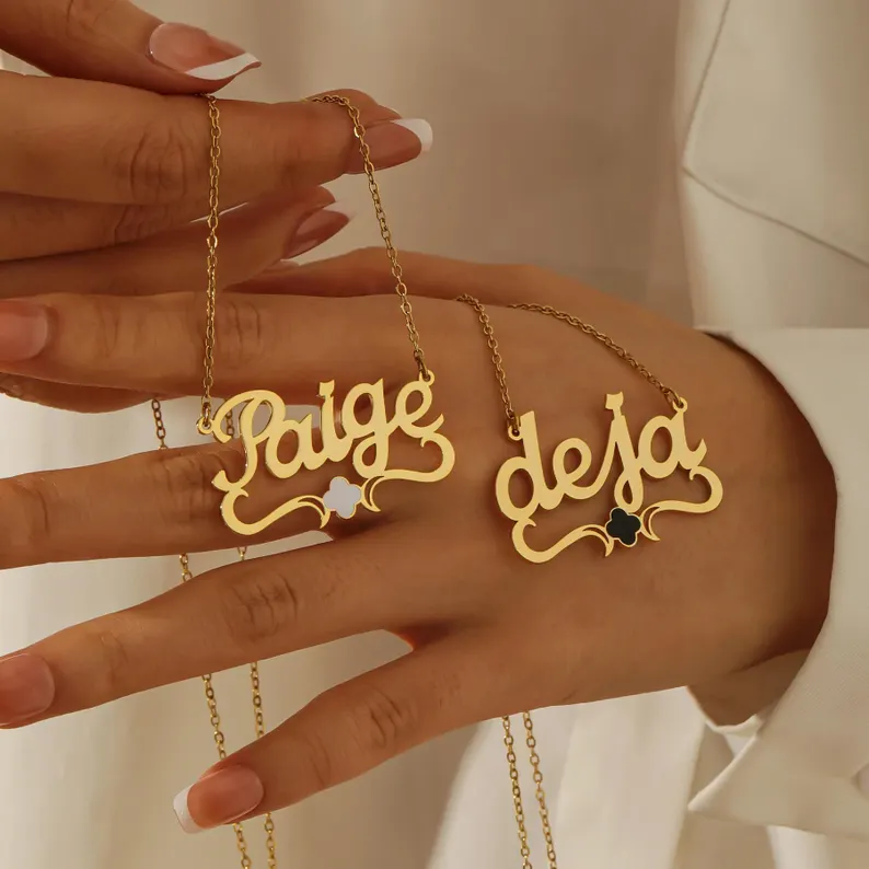 Custom Gold Plated Clover Charm Color Name Necklace