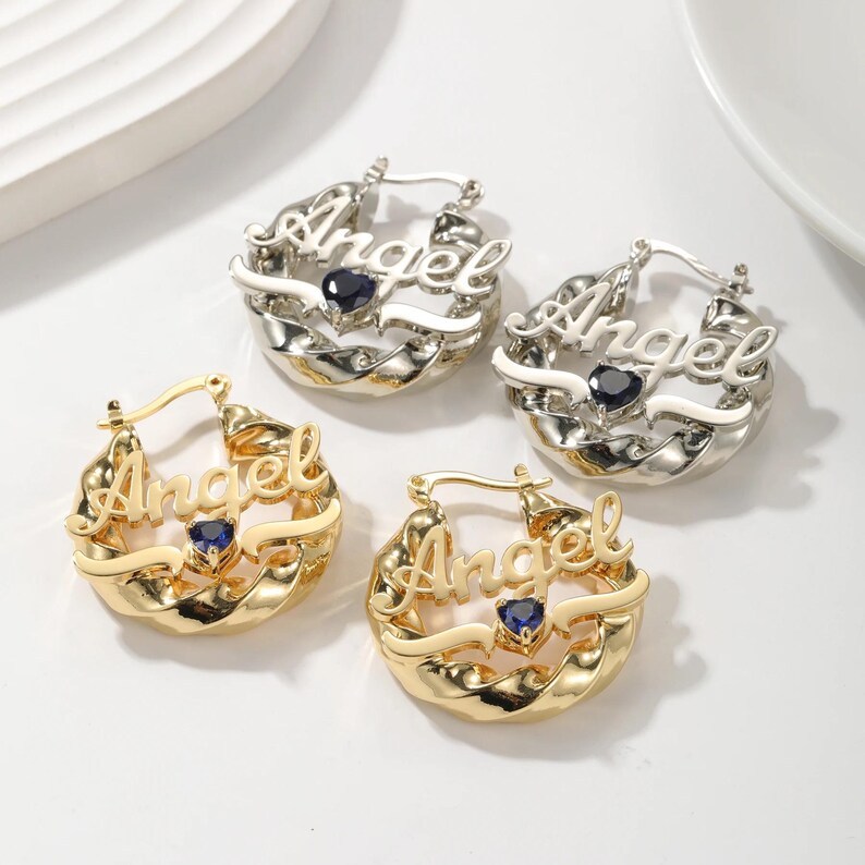 Custom Name Hoop Birthstone Stud Earrings Gold or Silver Personalized Earrings