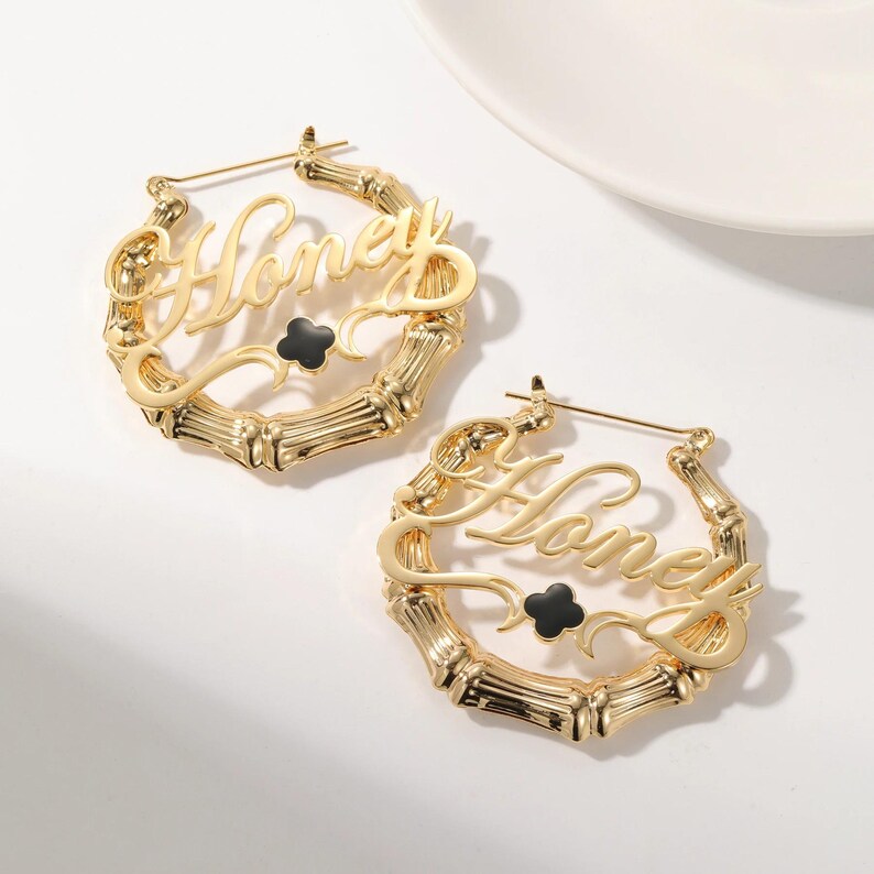 Gold Plated Personalized Bamboo Hoop Clover Name Earrings