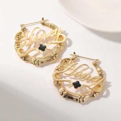Gold Plated Personalized Bamboo Hoop Clover Name Earrings