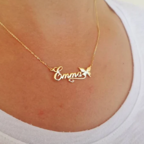 Gold Plated Personalized Name Necklace with Butterfly 