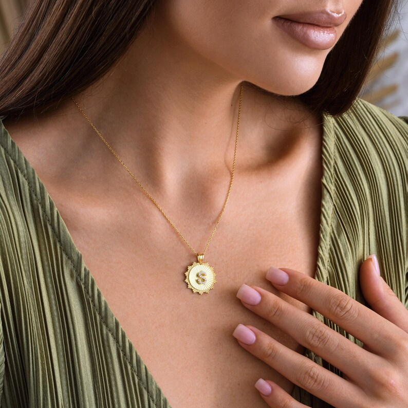 Simple CZ Initial Sunburst Pendant Personalized Custom Gold Plated Initial Necklace