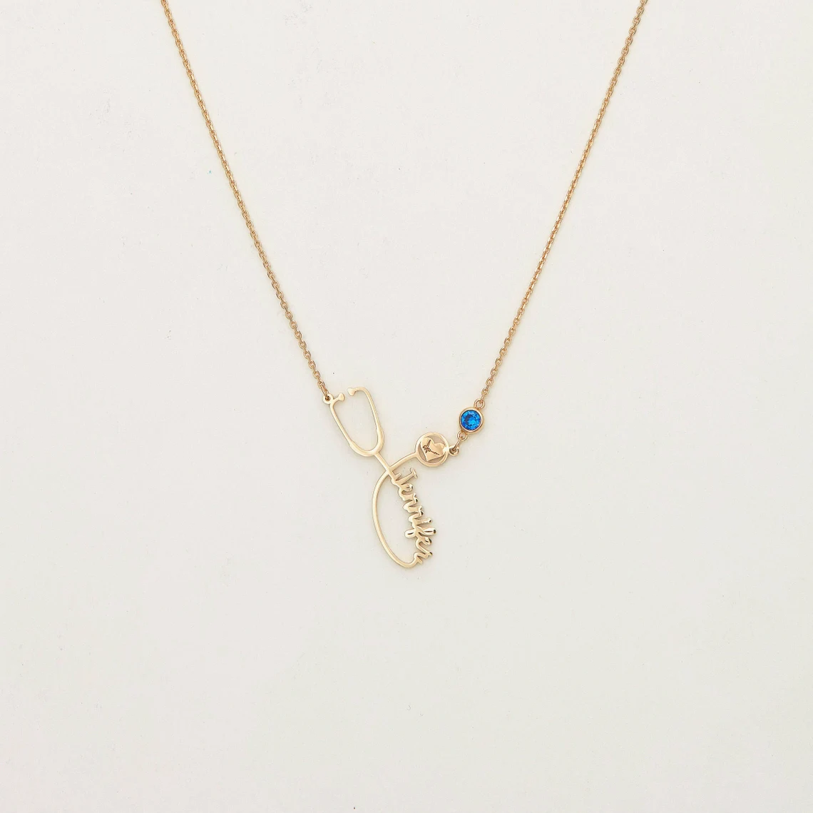 Gold Plated Personalized Custom Name Stethoscope Necklace with Birthstone