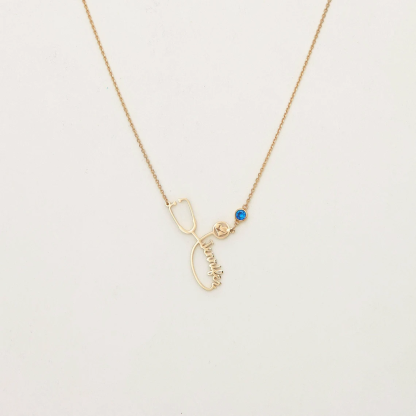 Gold Plated Personalized Custom Name Stethoscope Necklace with Birthstone