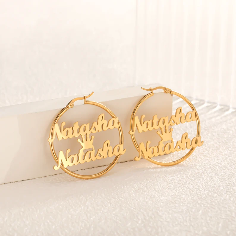 Crown Two Names Bamboo Earrings Gold Plated Personalizd Custom Name Earrings