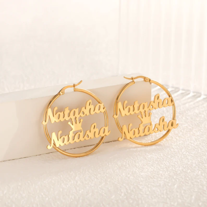 Crown Two Names Bamboo Earrings Gold Plated Personalizd Custom Name Earrings