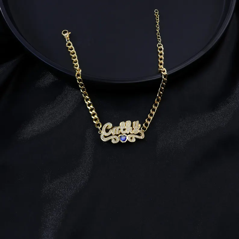 Shiny Personalized CZ Name Bracelet Gold Plated Heart Birthstone Bracelet