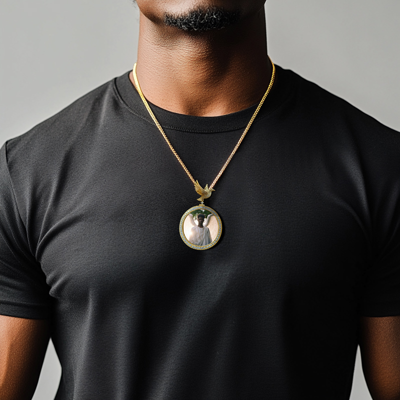 Iced Out Zircon Peace Dove Photo Pendant Personalized Custom Photo Necklace 