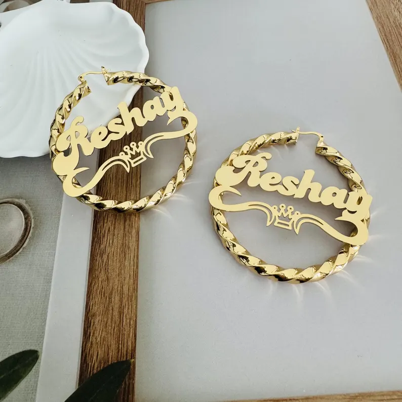 Personalized Custom Twist Hoop Name Earrings with Crown