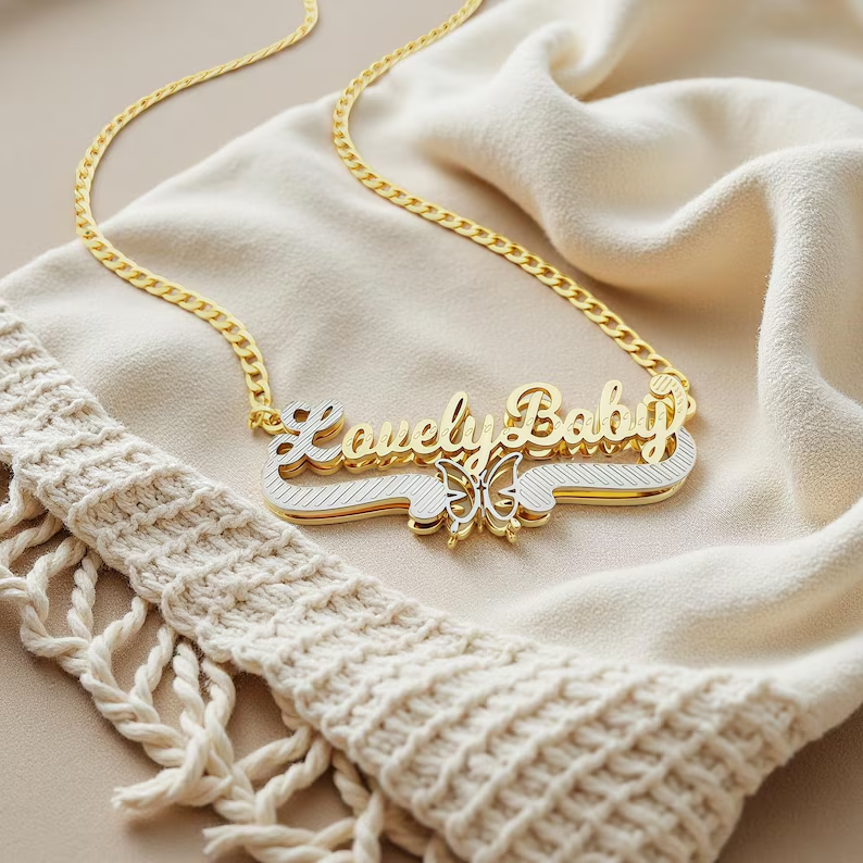 Double Plated Custom Butterfly Name Necklace Two Tone Name Necklace