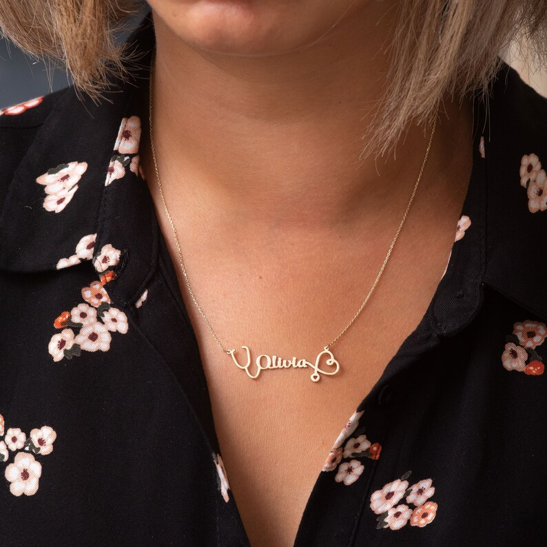 Personalized Custom Name Stethoscope Necklace Gold Plated Name Necklace