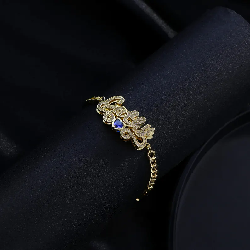 Shiny Personalized CZ Name Bracelet Gold Plated Heart Birthstone Bracelet