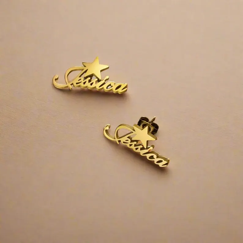 Star Gold Plated Personalized Custom Name Stud Earrings