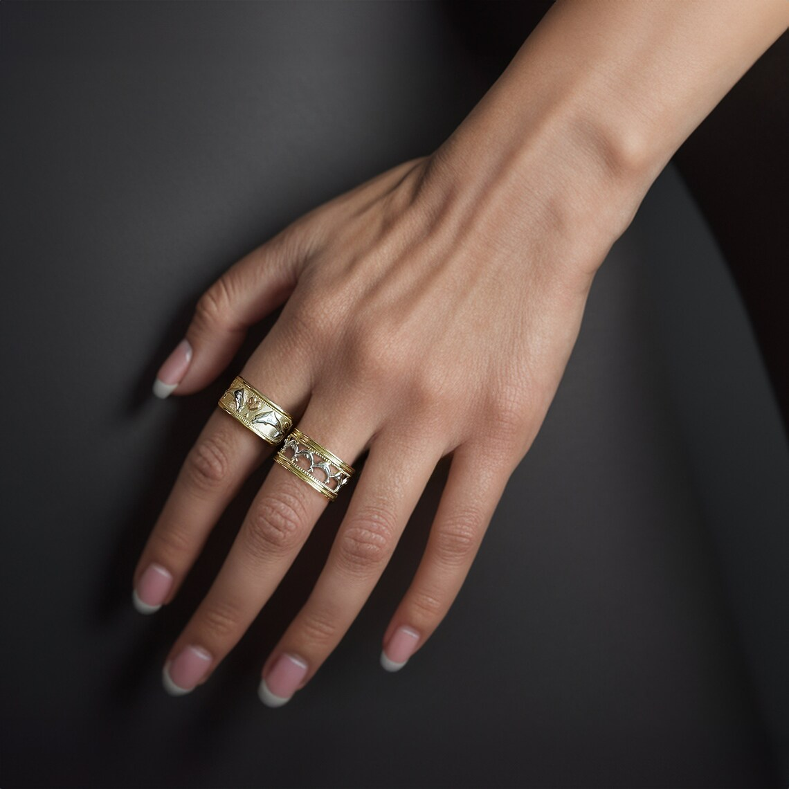 Gold Plated Luck Double Dolphin Ring Tricolor Band Ring