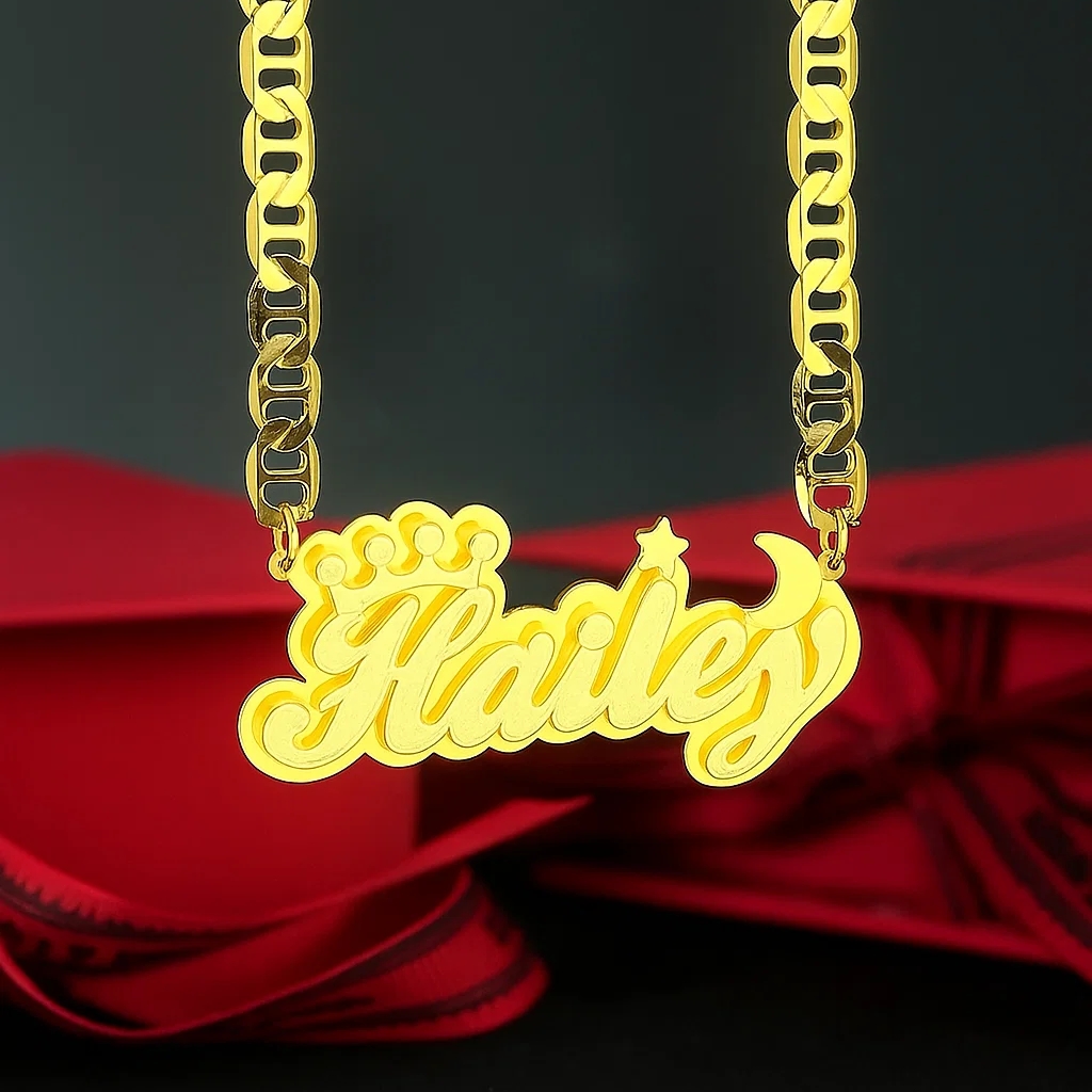 Moon and Stars Personalized Name Necklace Double Plated Nameplate with Crown
