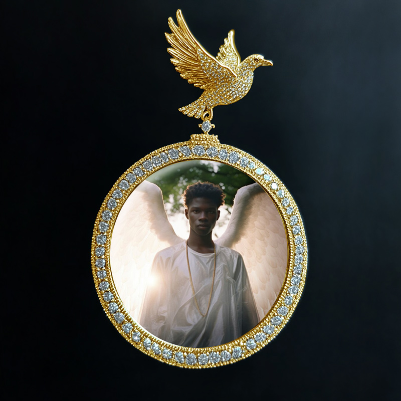 Iced Out Zircon Peace Dove Photo Pendant Personalized Custom Photo Necklace