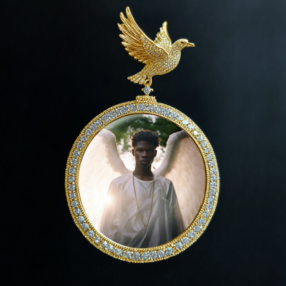 Iced Out Zircon Peace Dove Photo Pendant Personalized Custom Photo Necklace 