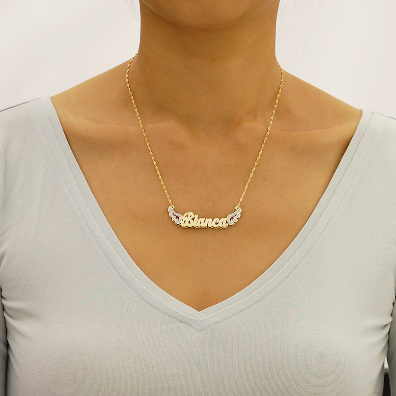 Angel Wing Nameplate Pendant Doule Layer Two Tone Personalized Custom Name Necklace