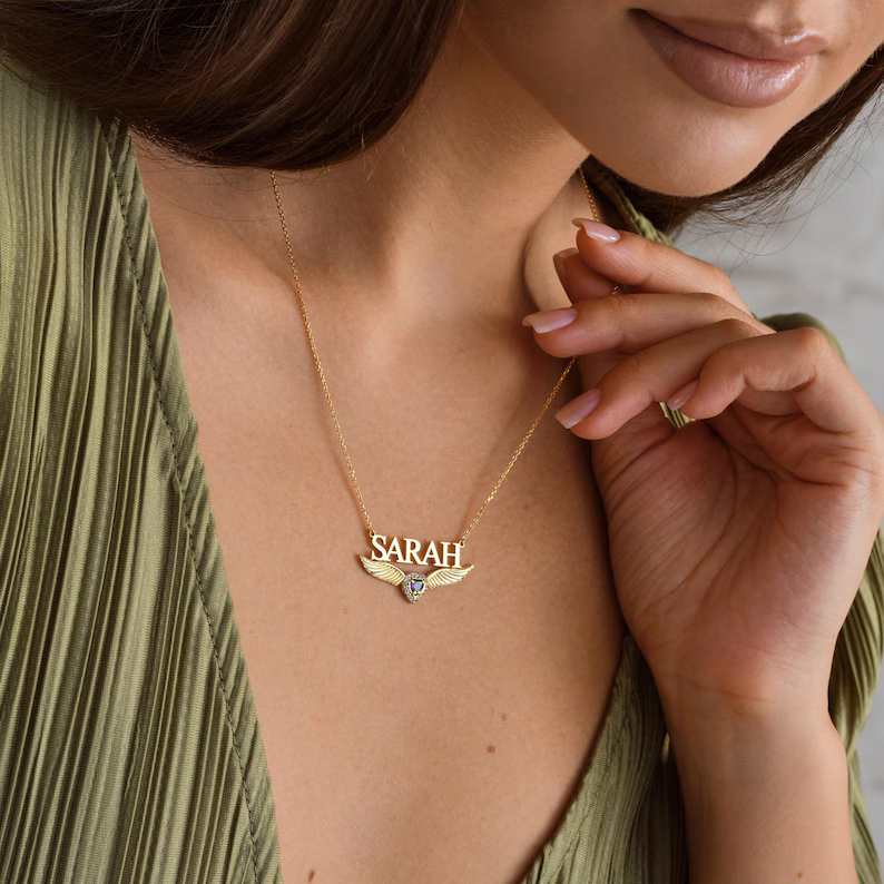 Angel Wing Nameplate Personalized Custom Name Necklace with Birthstone