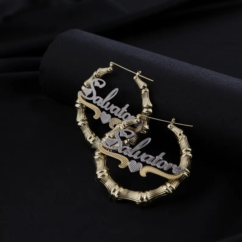 [Copy]Heart Shaped Bamboo Earrings Personalized Custom Two Tone Name Earrings