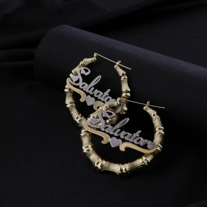 [Copy]Heart Shaped Bamboo Earrings Personalized Custom Two Tone Name Earrings