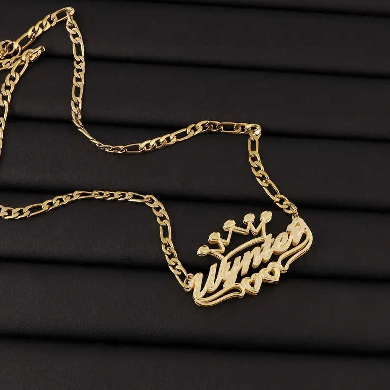 Double Layer Double Heart Crown Nameplate Necklace Personalized Gold Plated Name Necklace