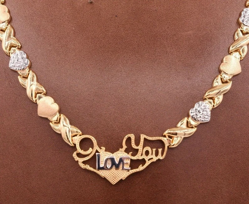 I Love You Kisses & Hearts Necklace Two Tone XOXO Chain Necklace