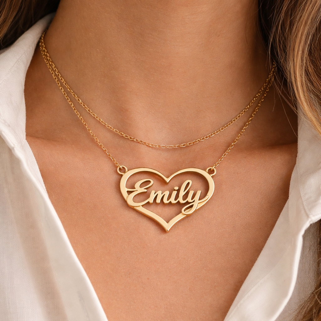 Doule Layer Heart Love Name Necklace Gold Plated Personalized Custom Name Necklace