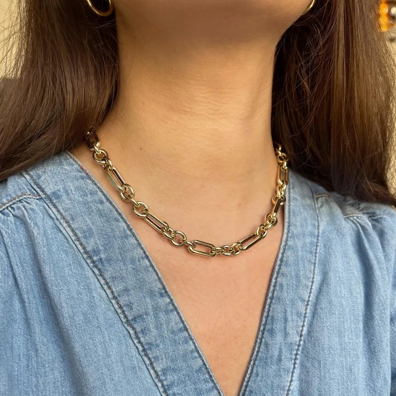 14k Gold Plated Italian Mixed Trombone Chunky Link Chain Necklace