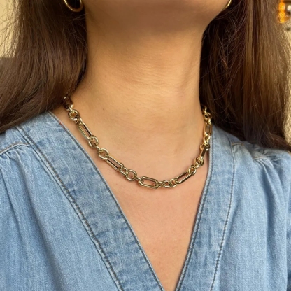 14k Gold Plated Italian Mixed Trombone Chunky Link Chain Necklace