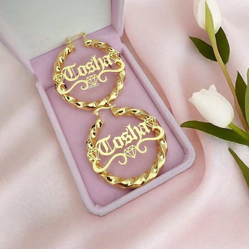 Diamond Shape Custom Name Twist Hoop Earrings Gold Plated Earrings