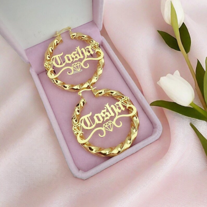 Diamond Shape Custom Name Twist Hoop Earrings Gold Plated Earrings