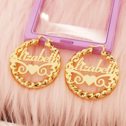 Personalized Custom Name Twist Hoop Earrings with Wings
