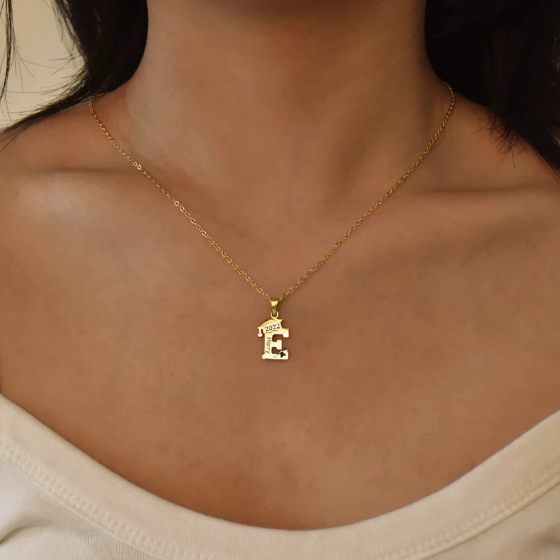 Personalized Graduation Name Necklace Gold Plated Cap Pendant Initial Necklace
