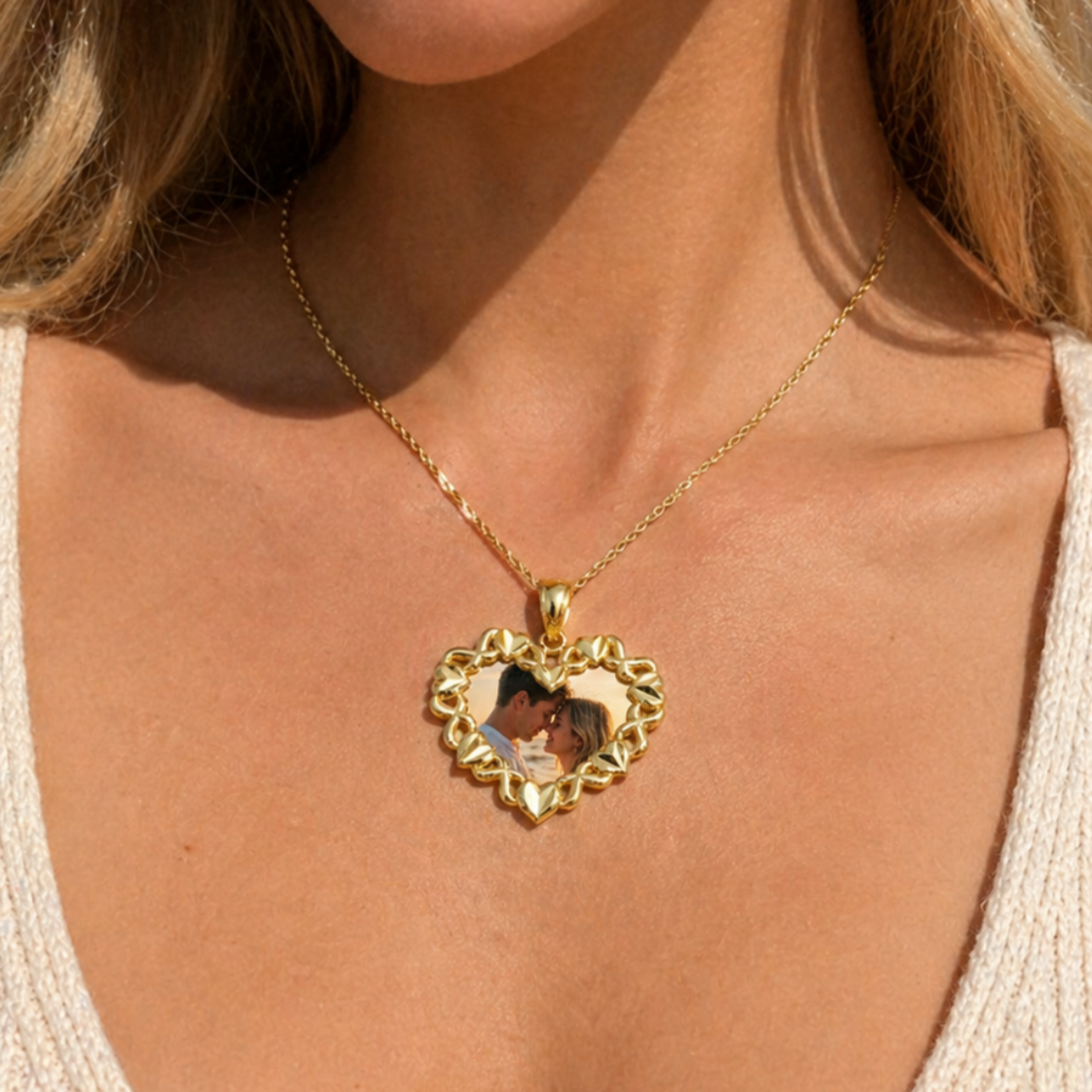 Gold Plated XOXO Love Hearts Photo Charm Necklace Personalized Custom Photo Necklace