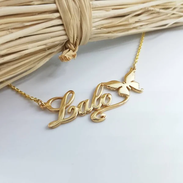 Gold Plated Personalized Name Necklace with Butterfly 