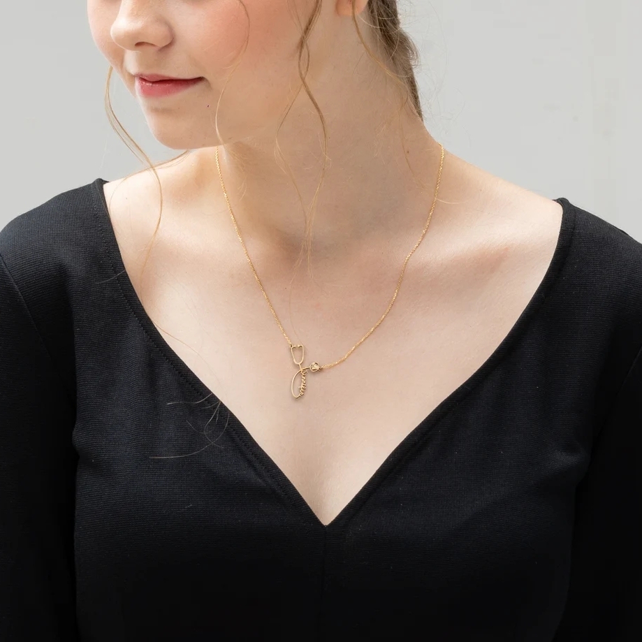 Gold Plated Personalized Custom Name Stethoscope Necklace with Birthstone