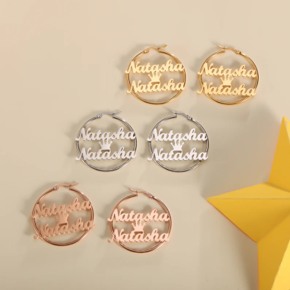 Crown Two Names Bamboo Earrings Gold Plated Personalizd Custom Name Earrings