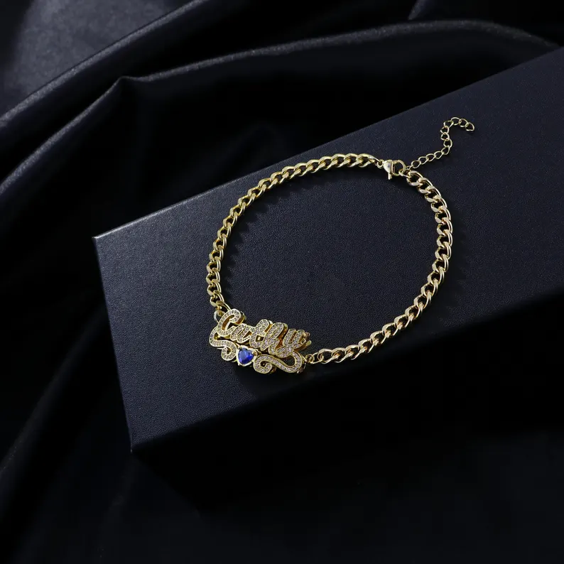 Shiny Personalized CZ Name Bracelet Gold Plated Heart Birthstone Bracelet