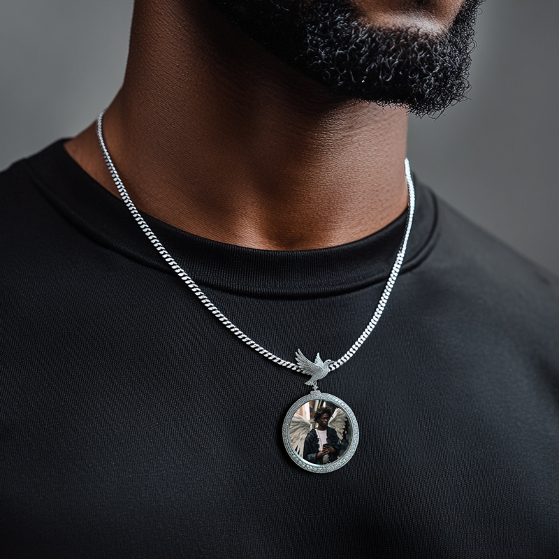 Iced Out Zircon Peace Dove Photo Pendant Personalized Custom Photo Necklace 