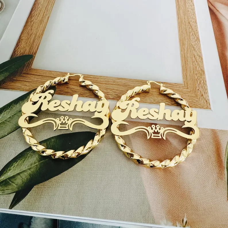 Personalized Custom Twist Hoop Name Earrings with Crown