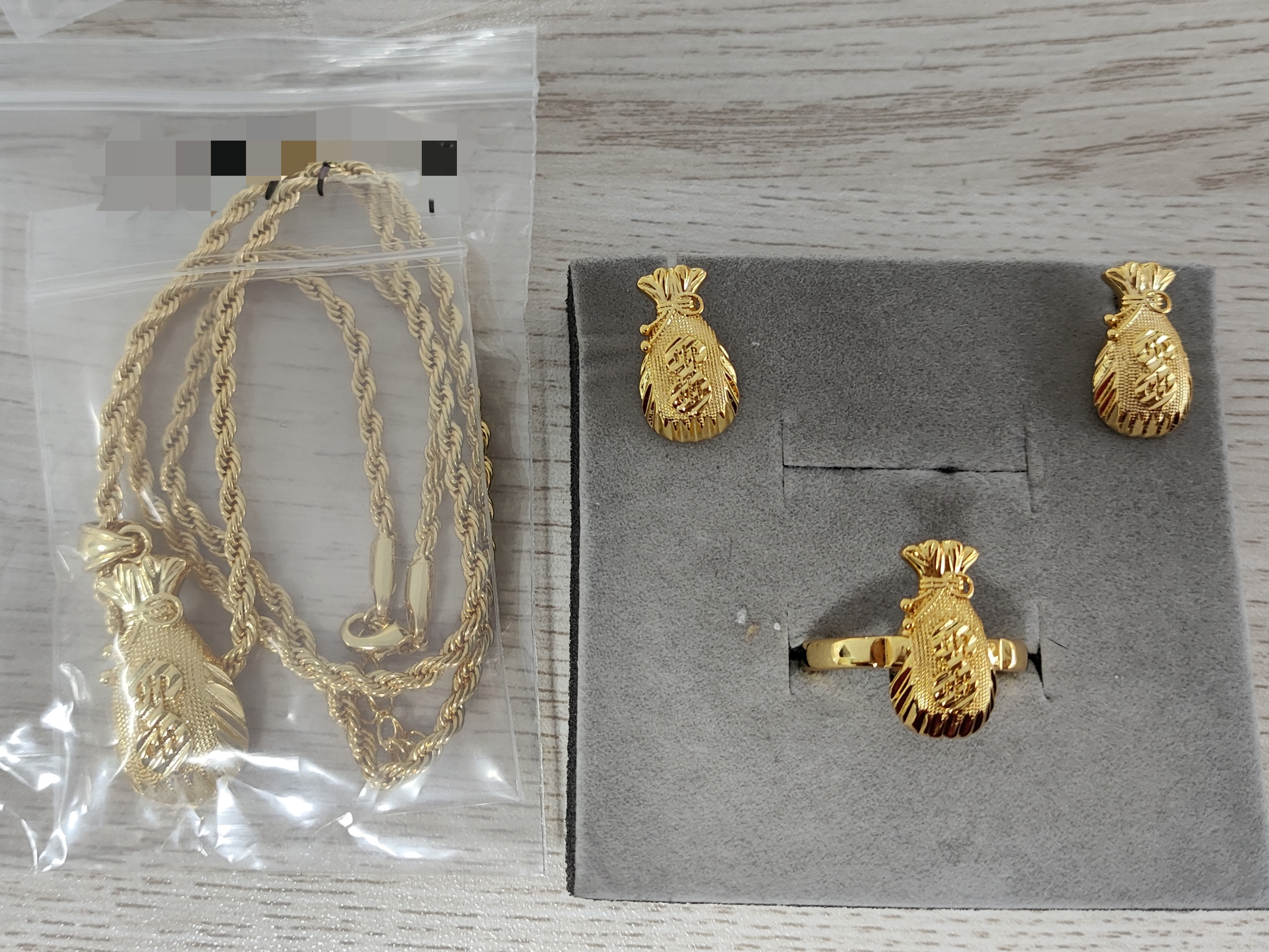 Moneybag Set Gold Plated Necklace Ring And Stud Earrings