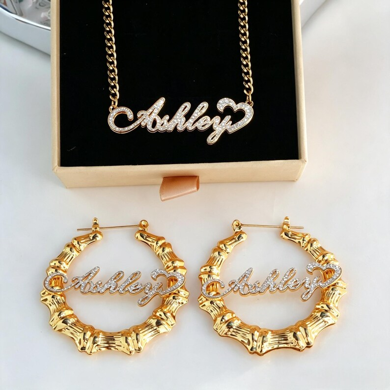 Shiny Bling Heart Nameplate set Personalized Double Plated Name Necklace and Bamboo Hoop Name Earrings Jewelry Set