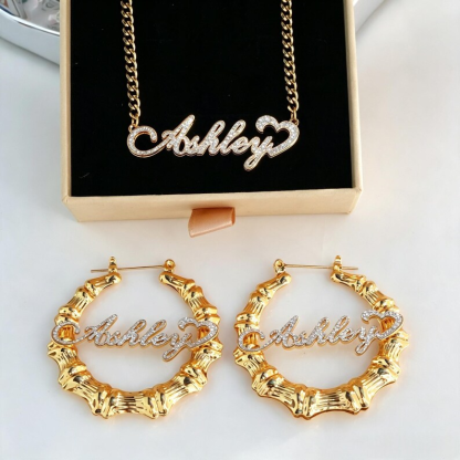 Shiny Bling Heart Nameplate set Personalized Double Plated Name Necklace and Bamboo Hoop Name Earrings Jewelry Set