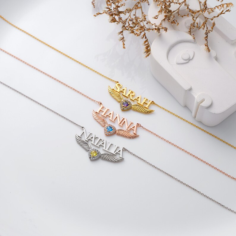 Angel Wing Nameplate Personalized Custom Name Necklace with Birthstone