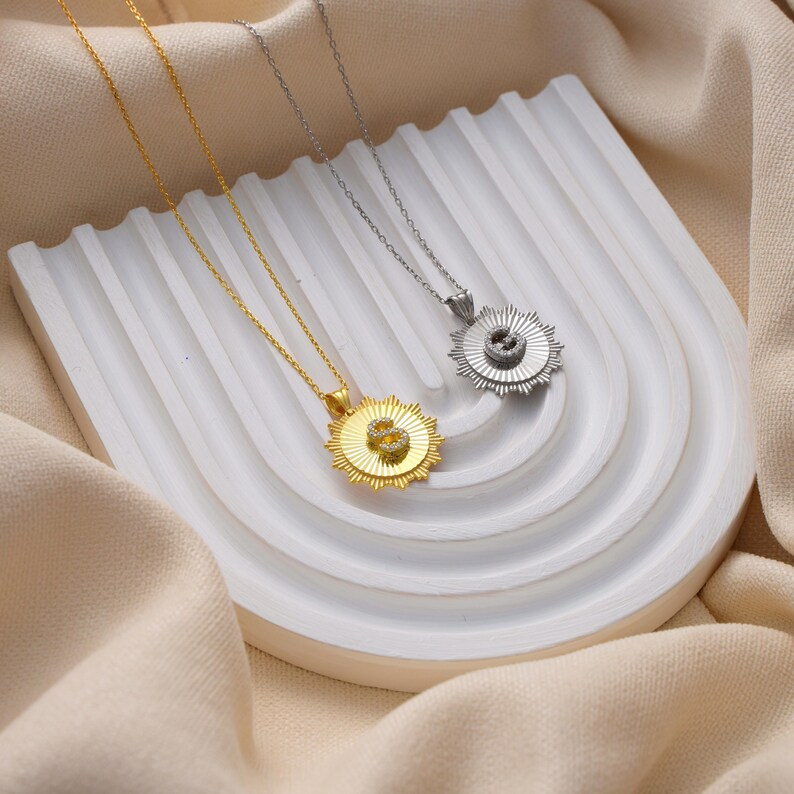 Simple CZ Initial Sunburst Pendant Personalized Custom Gold Plated Initial Necklace