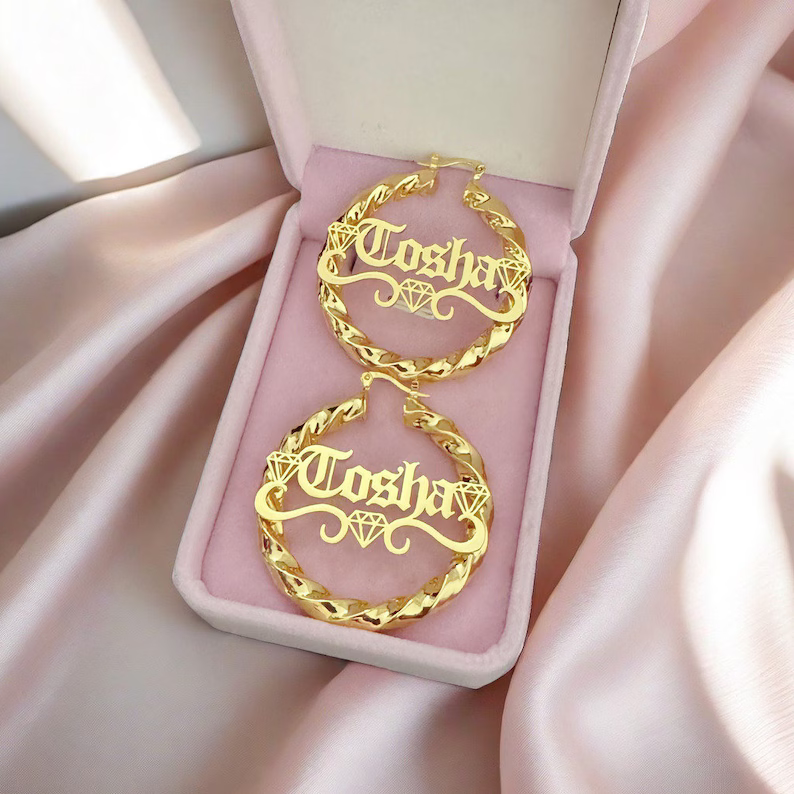 Diamond Shape Custom Name Twist Hoop Earrings Gold Plated Earrings